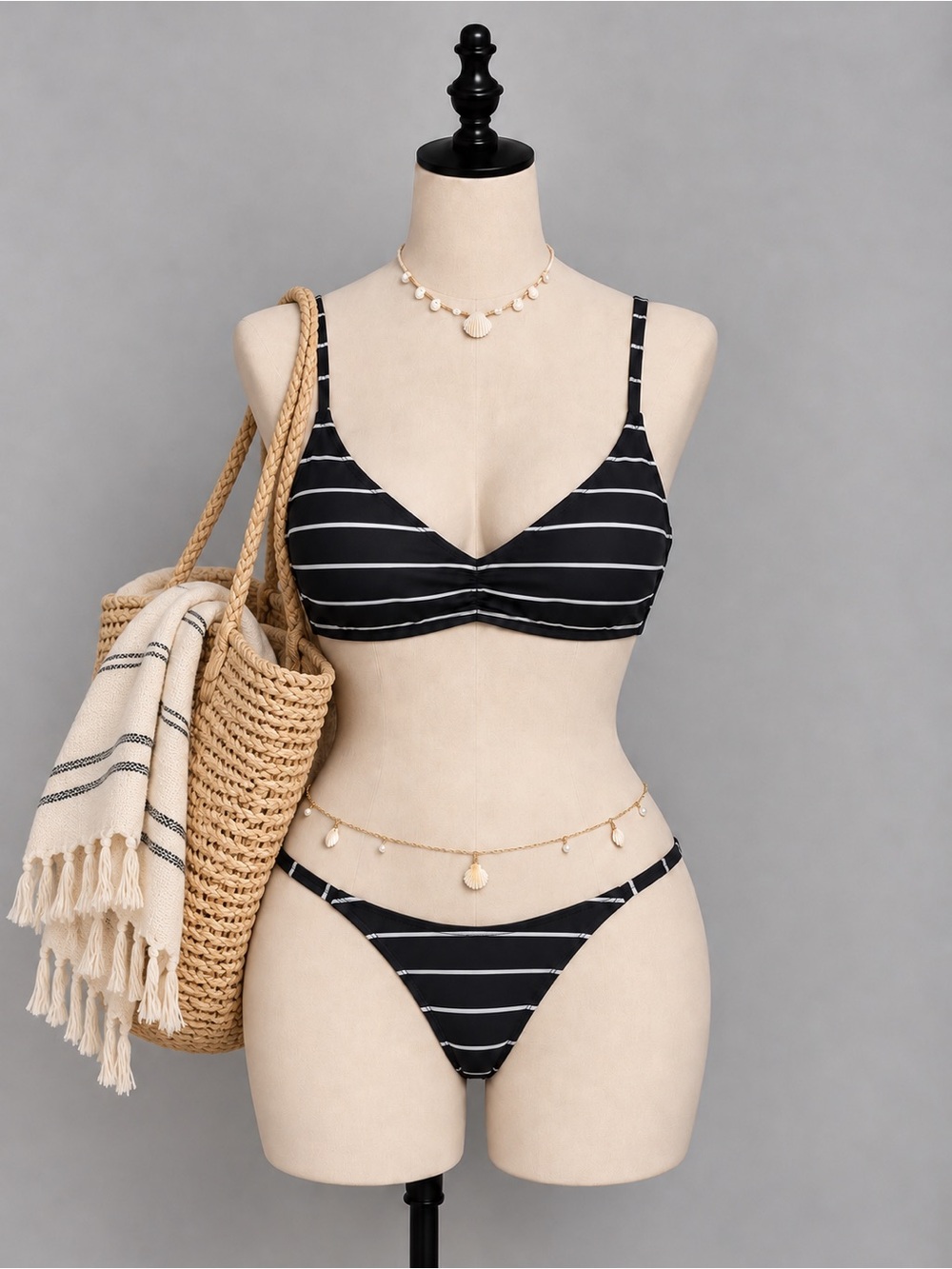 La Vie En Rose Black & White Underwire Striped Bikini Top